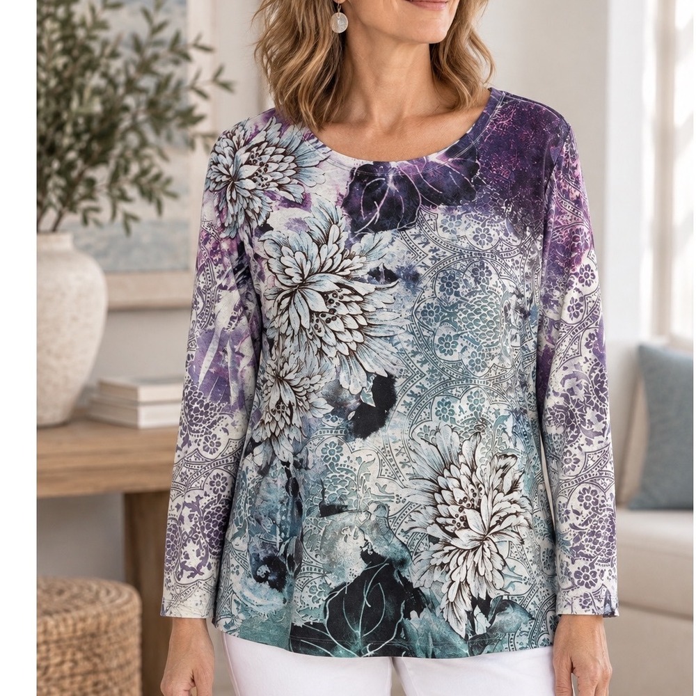 Coldwater Creek Womens L 14 Purple Floral Mandala Long Sleeve Top Made in USA - Picture 1 of 7